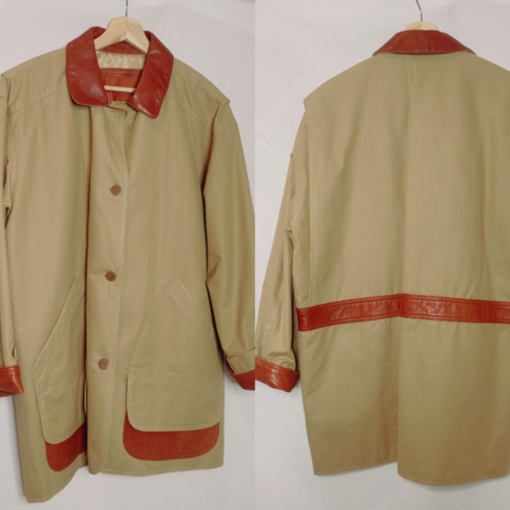 Vintage Khaki Coat with Brown Leather Trim